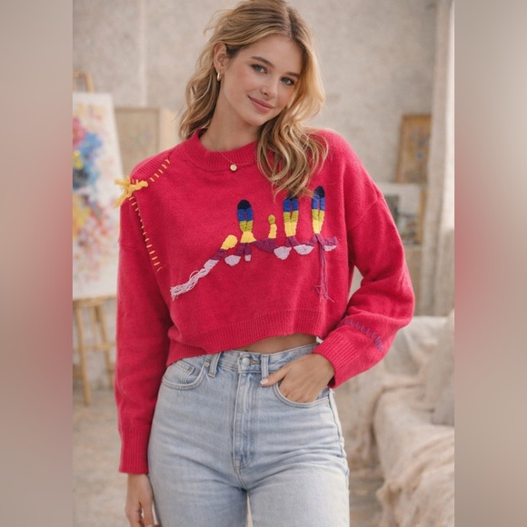 525 America Sweaters - 525 Embroidered Knit Cropped Sweater — Pink — Artsy Statement Top